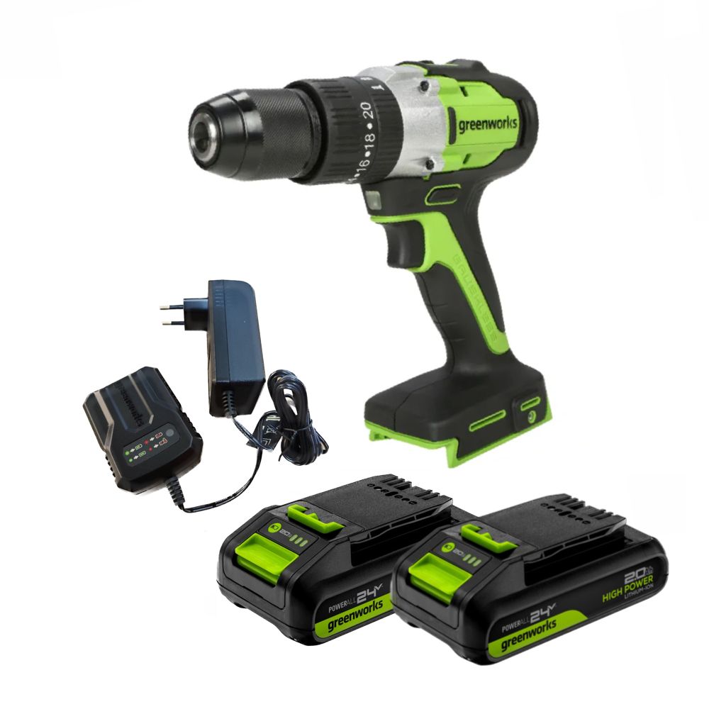 Дрель-шуруповерт аккумуляторная GreenWorks GD24DD60 , арт. 3704107CUC (без кейса, с 2 АКБ и ЗУ)