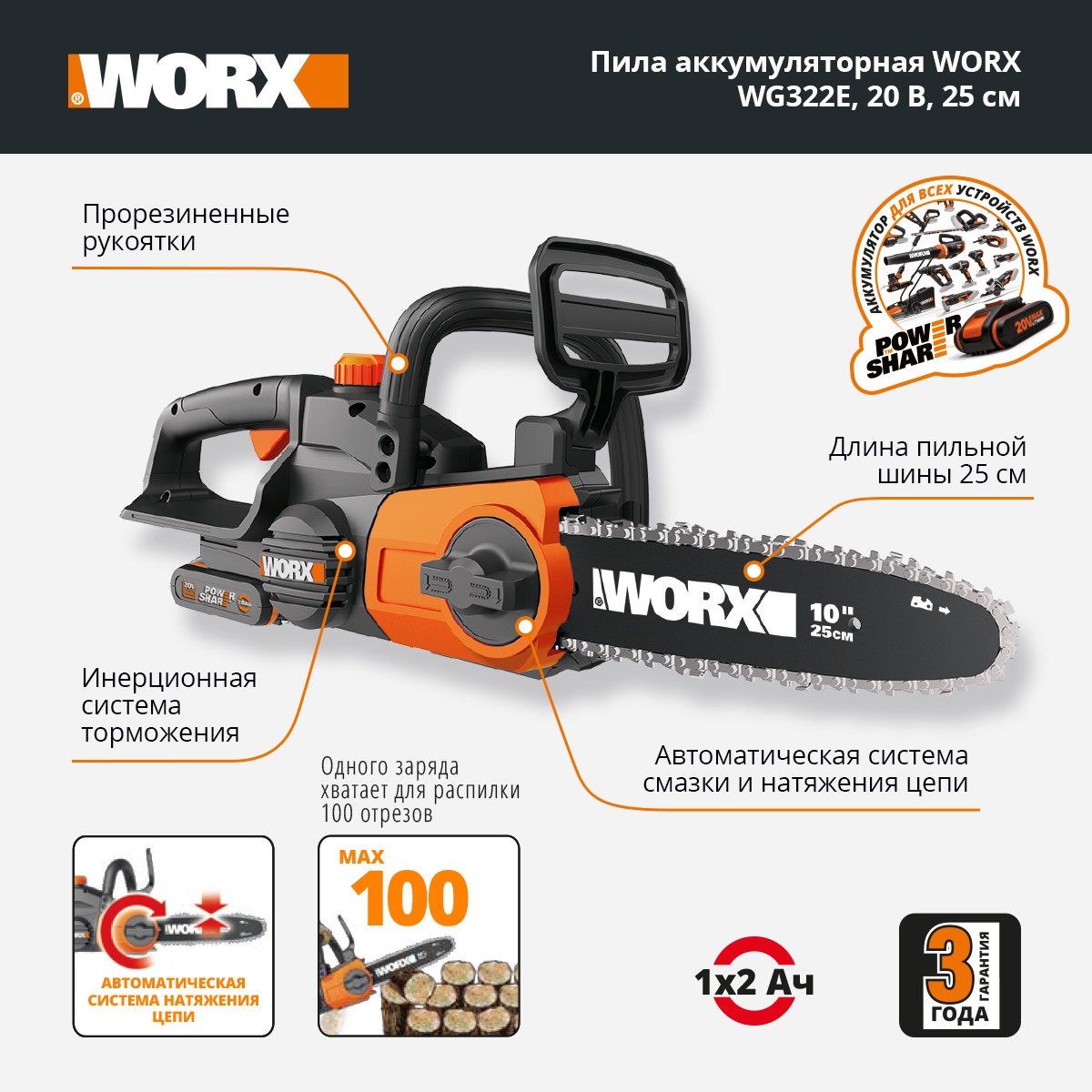 Пила цепная электрическая Worx WG322E 2.0Ач х1