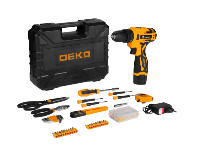 Дрель-шуруповерт аккумуляторная DEKO Banger 12V Li-Ion + набор инструмента 93 предмета, 1х1.8 Ач