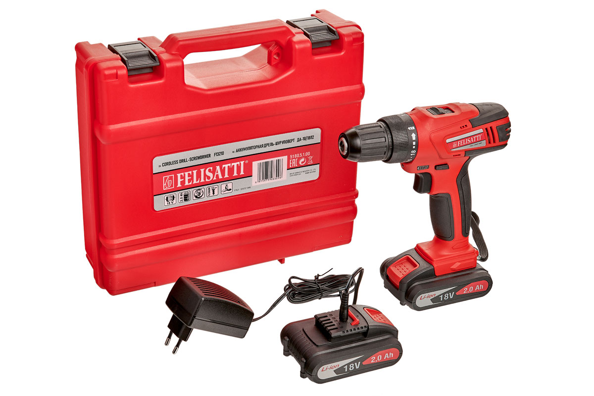 Дрель-шуруповерт аккумуляторная Felisatti ДА-10/18Л2 Li-Ion 2.0 А·ч 18 В х2 кейс 5180.5.1.00