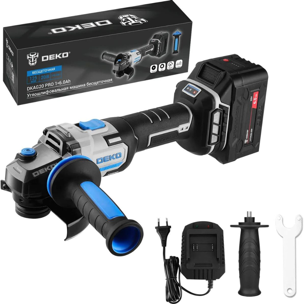 Угловая шлифмашина (болгарка) аккумуляторная DEKO DKAG20 PRO, арт. 085-1073 (с 1 АКБ и ЗУ)
