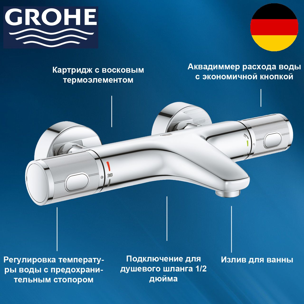 Смеситель для ванны термостатический Grohe Grohtherm 1000 Performance 34830000, хром