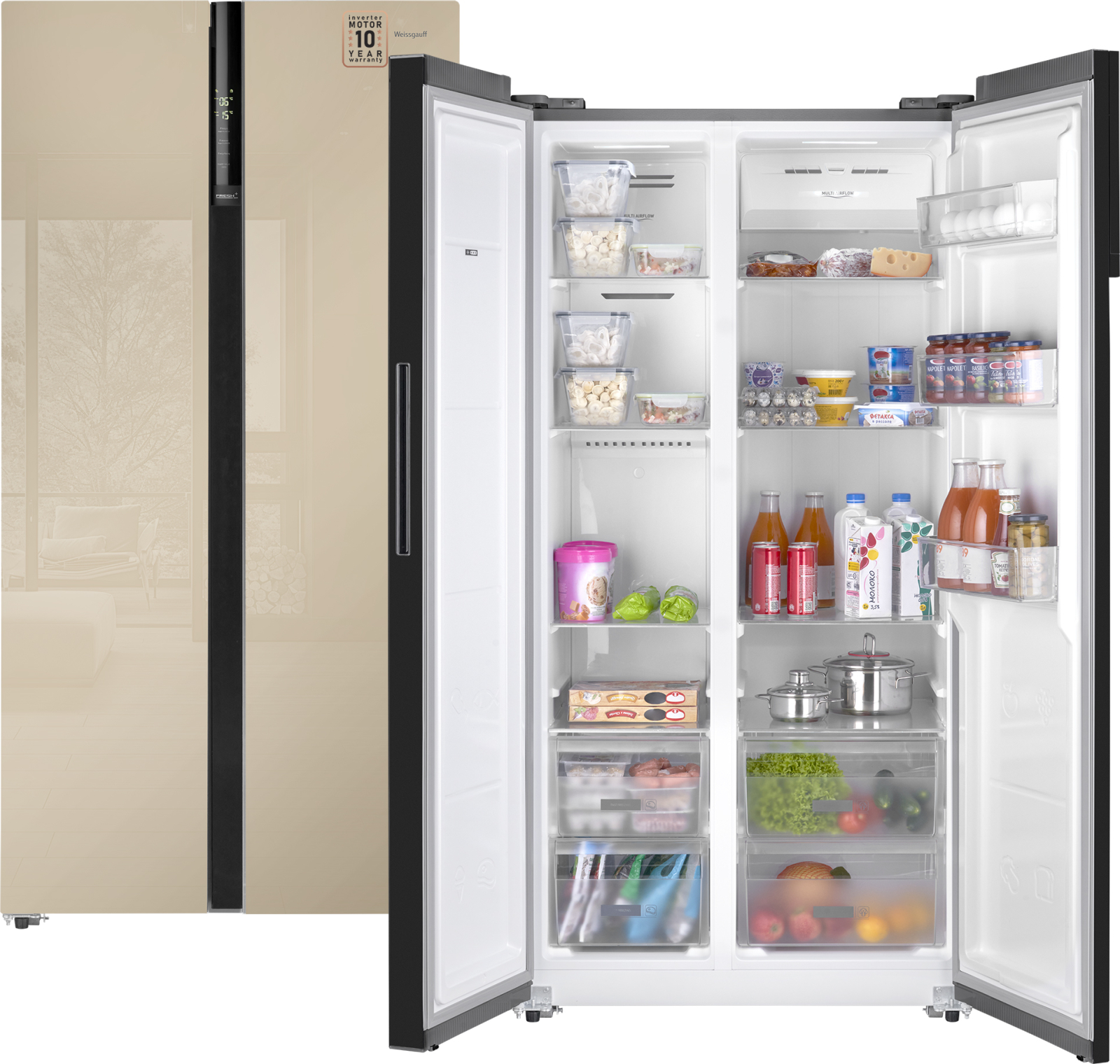 Холодильник Side by Side Weissgauff WSBS 600 BeG NoFrost Inverter, бежевый