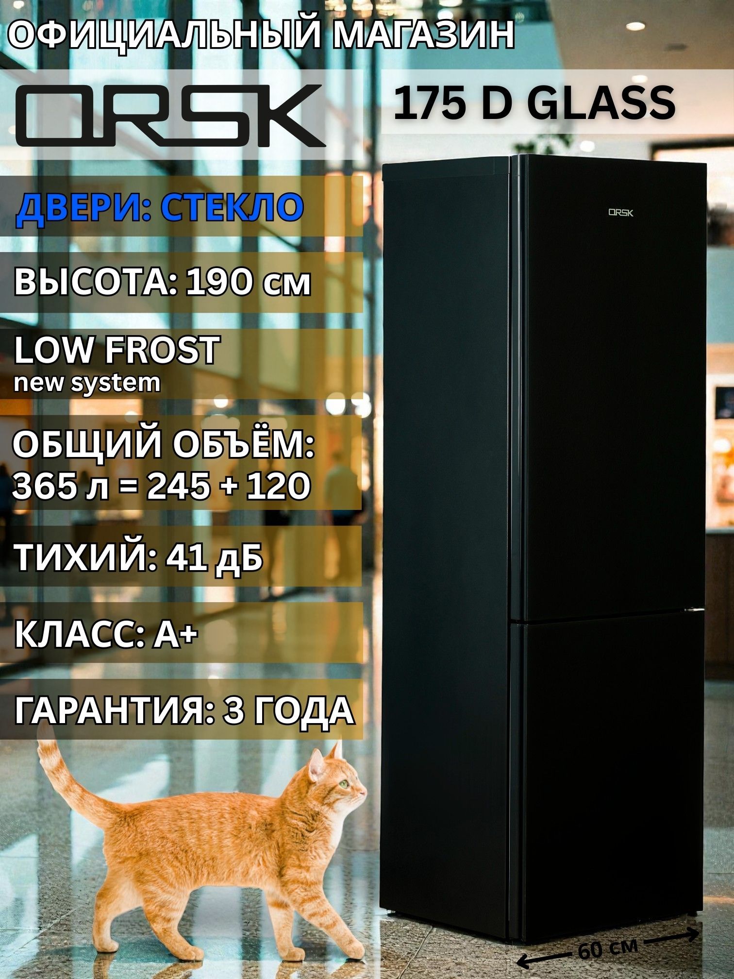 Холодильник ОРСК 175 D Glass, черное стекло