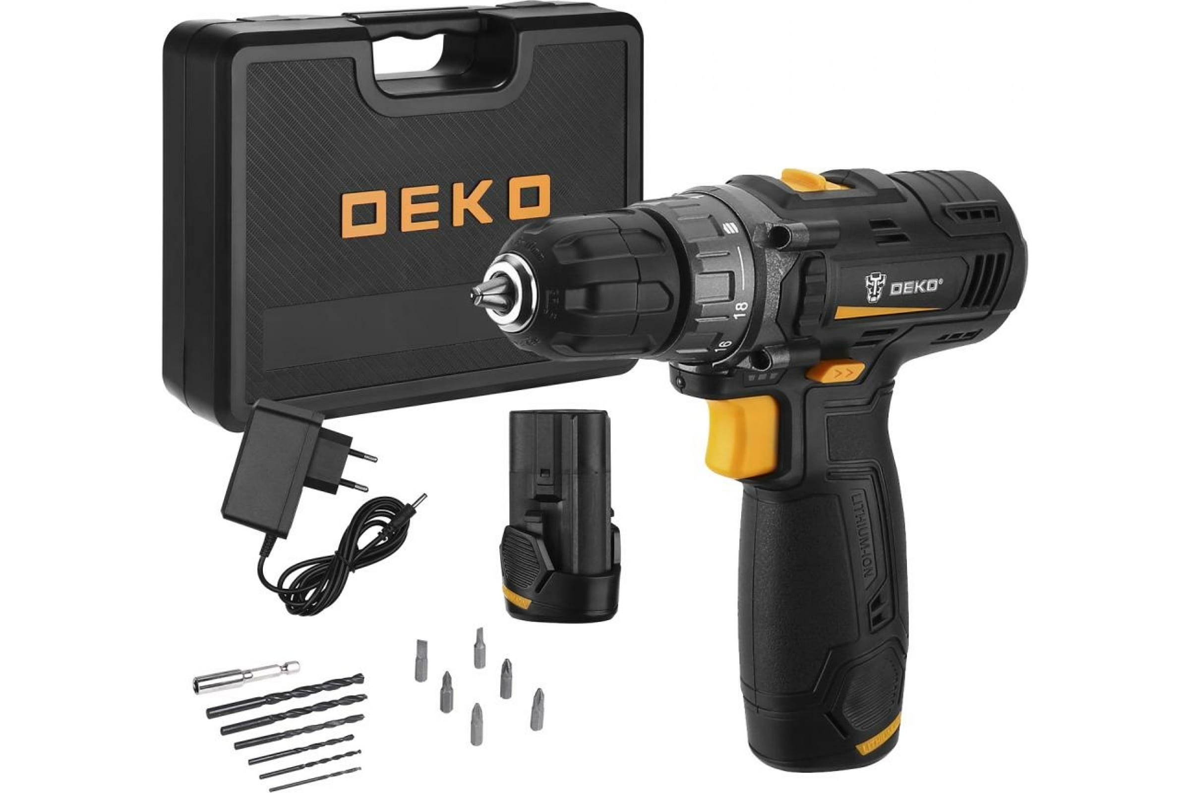 Дрель-шуруповёрт аккумуляторная DEKO GCD12DU3 SET6 в кейсе + оснастка 13 шт, 12В, 2х3.0Ач